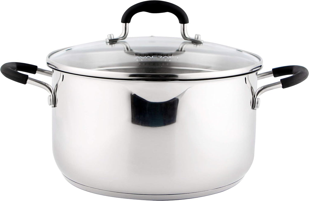 Stainless Steel Stockpot with Glass Strainer Lid, 6 Quart Stock Pot, Soup & Saucepan Cookware, Side Spouts, Multipurpose, Induction Pan, (5-Ply Capsule Bottom, 6QT)