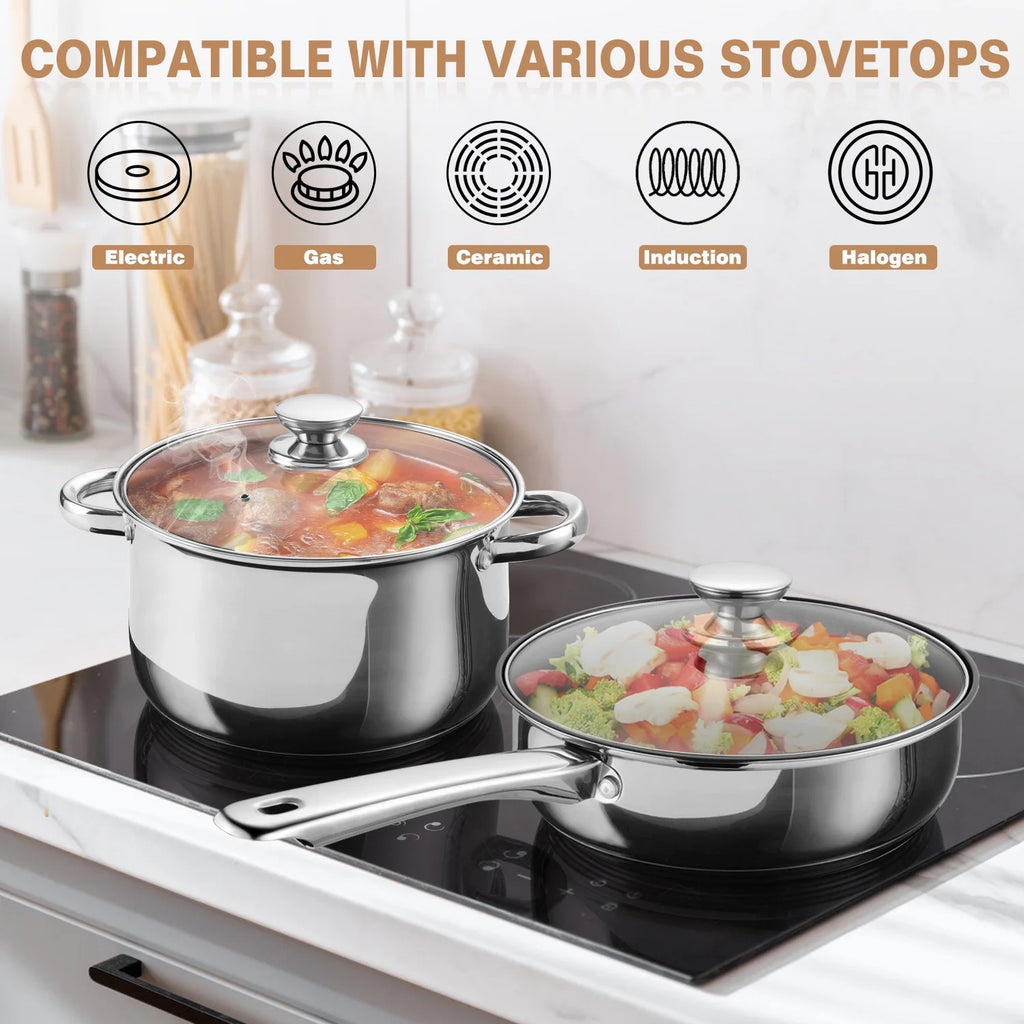 13-Piece Stainless Steel Cookware Set, Kitchen Pots and Pans Set with Glass Lid for Cooking, Induction & Dishwasher Safe, Silver