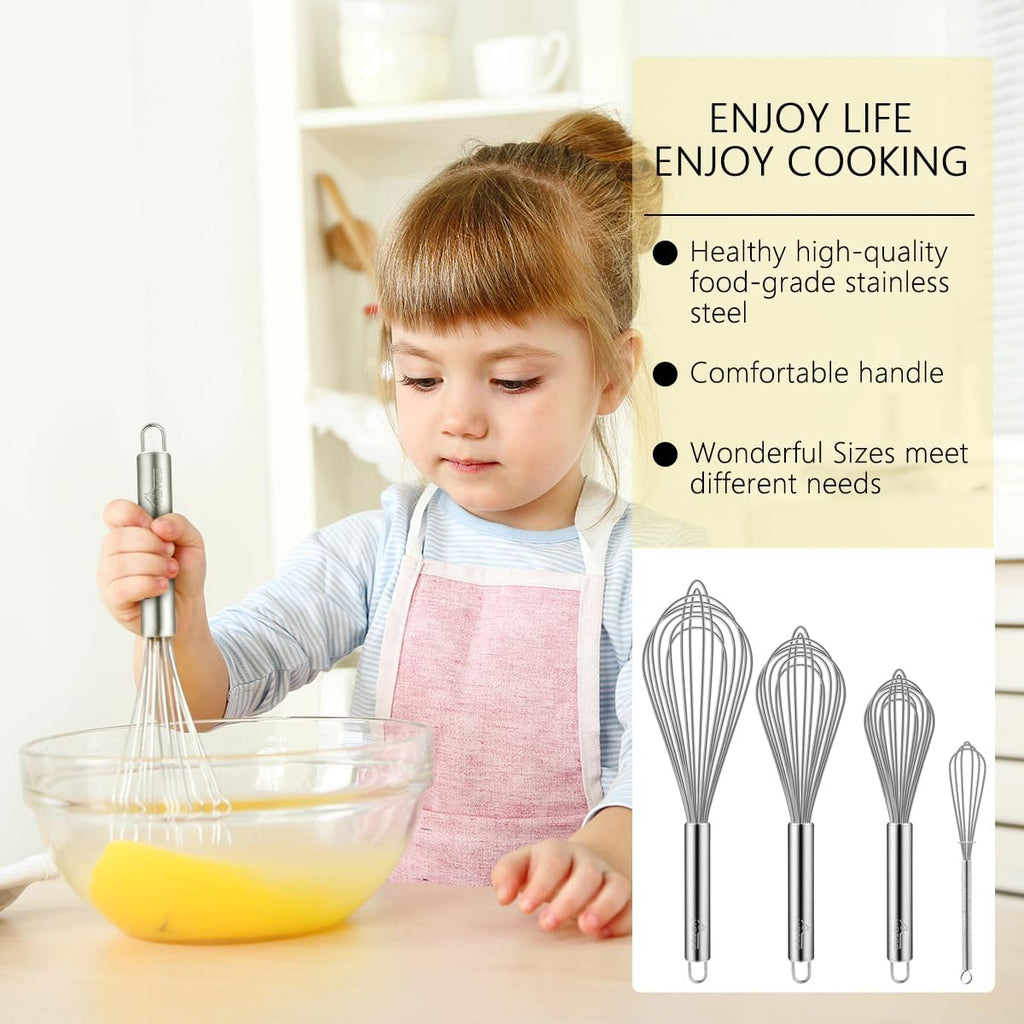 4 Pieces Stainless Steel Whisks Set Wire Whisk Balloon Whisk Egg Beater Kitchen Utensils for Stirring, Beating, Blending