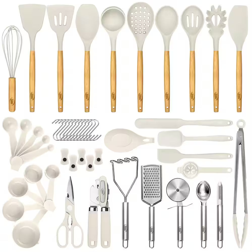 Khaki, 50-Piece Set of Silicone Kitchen Utensils, Complete Kitchen Set, Premium Silicone Cooking Utensils