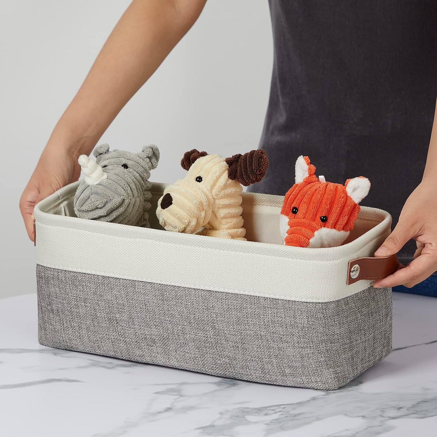 Small Storage Baskets 15"X6"X5.5", Fabric Storage Bins for Toilet Tank Top [2 Pack], Back of the Toilet Basket (White&Grey)