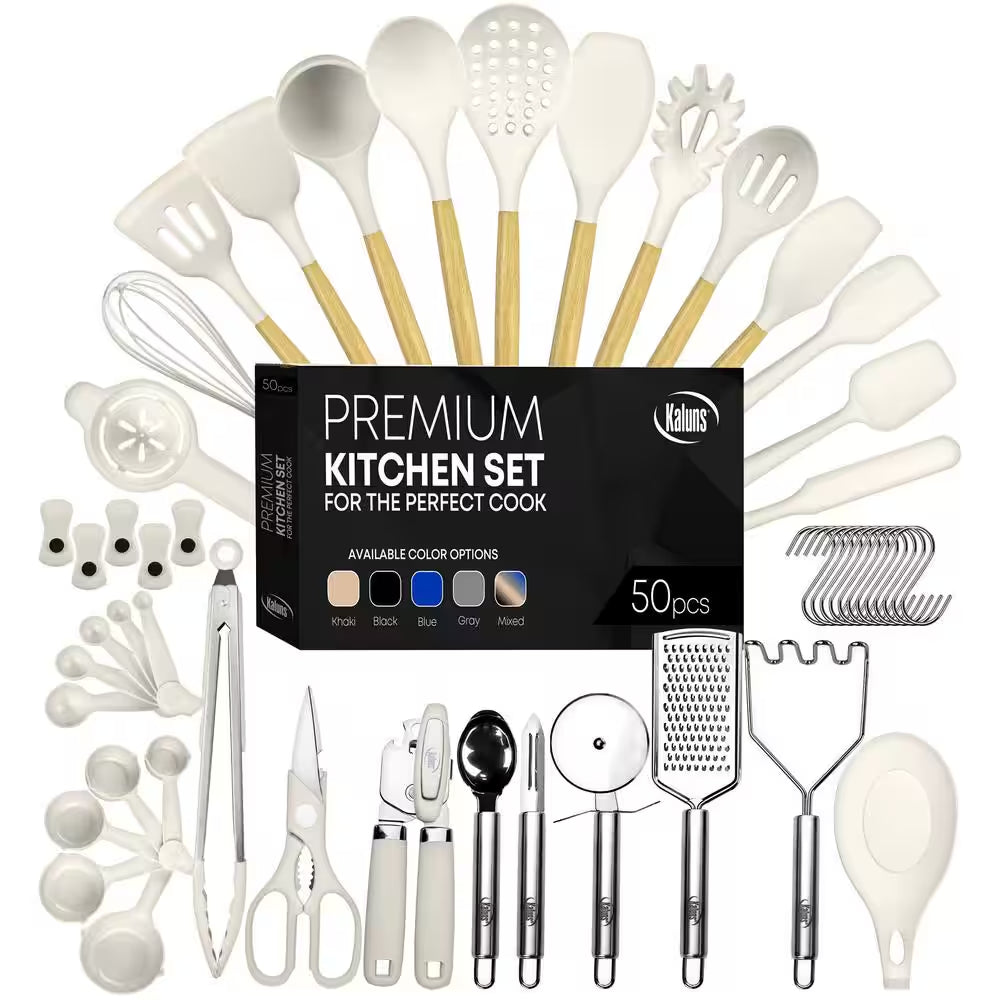 Khaki, 50-Piece Set of Silicone Kitchen Utensils, Complete Kitchen Set, Premium Silicone Cooking Utensils