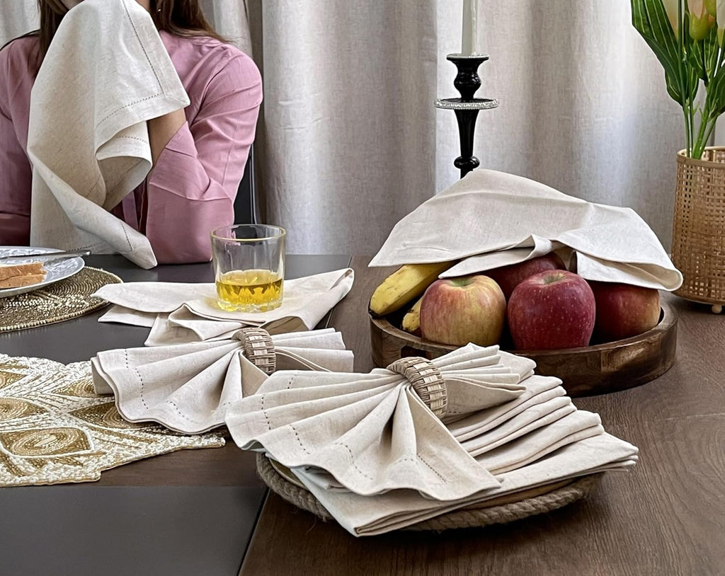 Linen Flax Cotton Cloth Dinner Napkins Set of 12 – 18X18 Natural Fabric with Hemstitched Mitered Corners – Machine Washable Wedding, Cocktail & Party Table Napkins