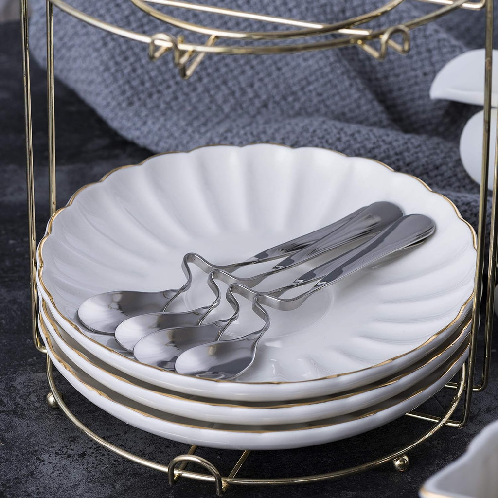 Porcelain Tea Set- 8 OZ White Coffee Cup/Teacup, Saucer, Spoons, Teapot and Creamer Set, 17-Pieces (FD-TW17PC SET, White)