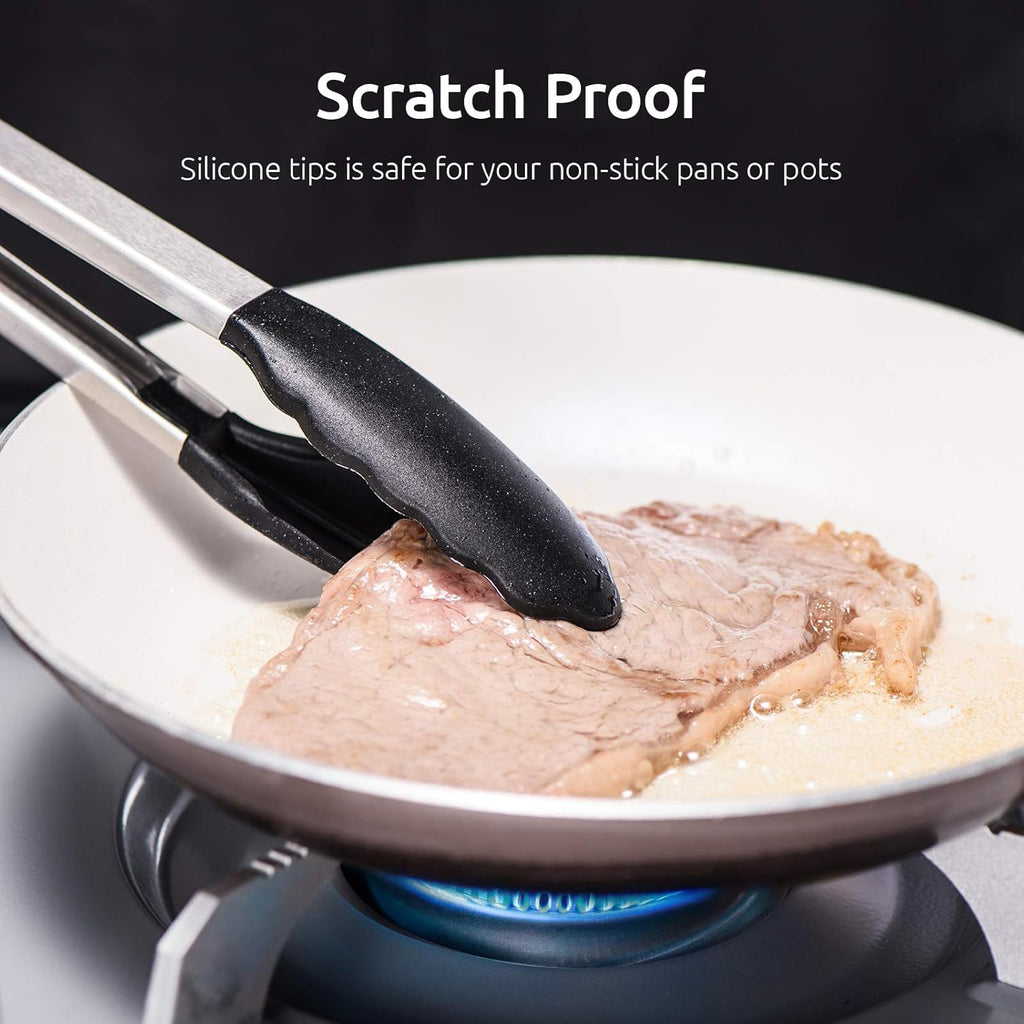 Kitchen Tongs,  7/9/12 Inches Cooking Tongs, with 600ºf High Heat-Resistant Non-Stick Silicone Tips, 18/8 Stainless Steel Handle, for Food Grill, Salad, BBQ, Frying, Serving, Pack of 3(Black)