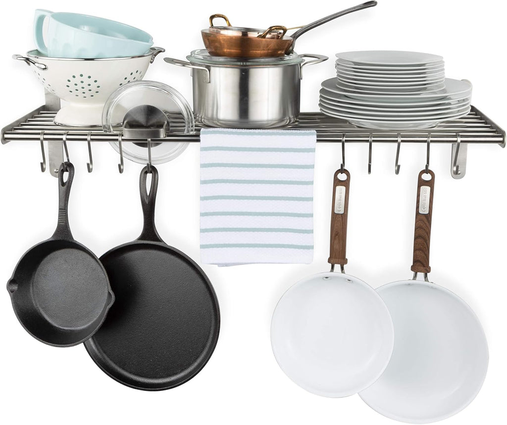 Lyon Kitchen Organization and Storage Rack, Stainless Steel Metal Wall Shelf with 10 S Hooks for Hanging Pots and Pans, Chrome