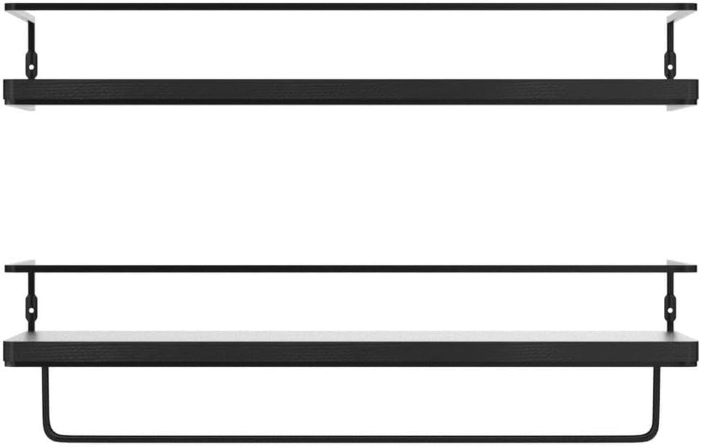 Floating Shelves for Wall Set of 2, Wall Mounted Storage Shelves with Black Metal Frame and Towel Rack for Bathroom, Bedroom, Living Room, Kitchen, Office (Black)