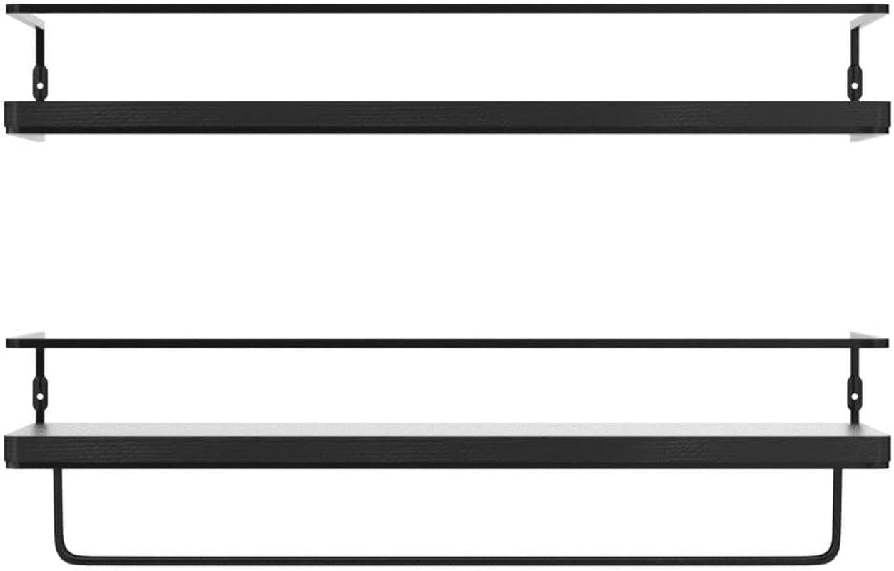 Floating Shelves for Wall Set of 2, Wall Mounted Storage Shelves with Black Metal Frame and Towel Rack for Bathroom, Bedroom, Living Room, Kitchen, Office (Black)