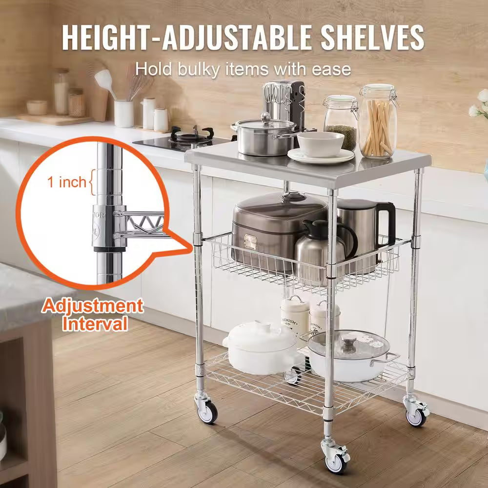3-Tier Kitchen Cart, 470Lbs. Capacity, Wheels, Curved Handle, PP Liner and 6 Hooks