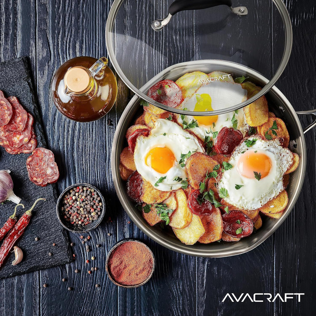 18/10 12 Inch Stainless Steel Frying Pan with Lid, Side Spouts, Induction Pan, Versatile Stainless Steel Skillet, Fry Pan in Our Pots and Pans (Tri-Ply Stainless Steel, 12 Inch)