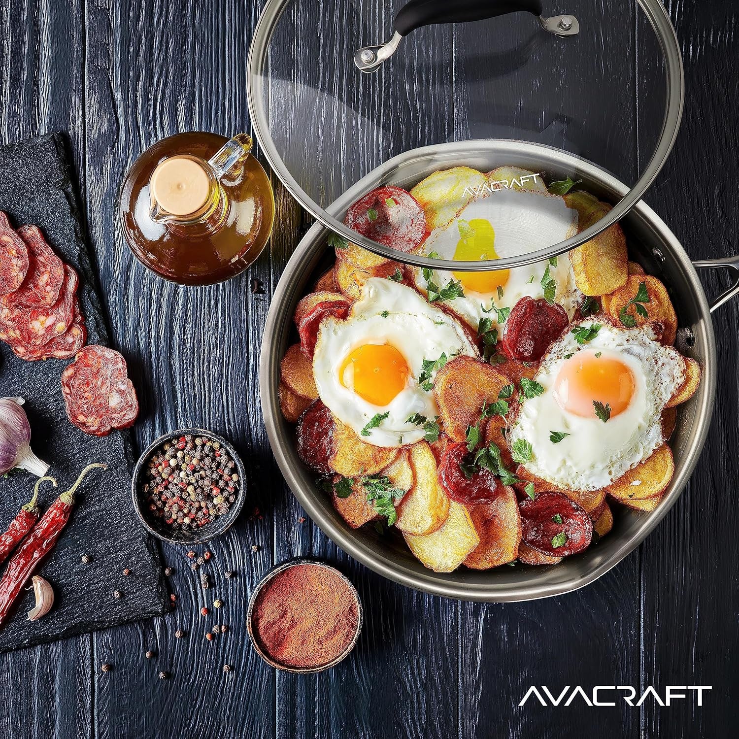 18/10 12 Inch Stainless Steel Frying Pan with Lid, Side Spouts, Induction Pan, Versatile Stainless Steel Skillet, Fry Pan in Our Pots and Pans (Tri-Ply Stainless Steel, 12 Inch)