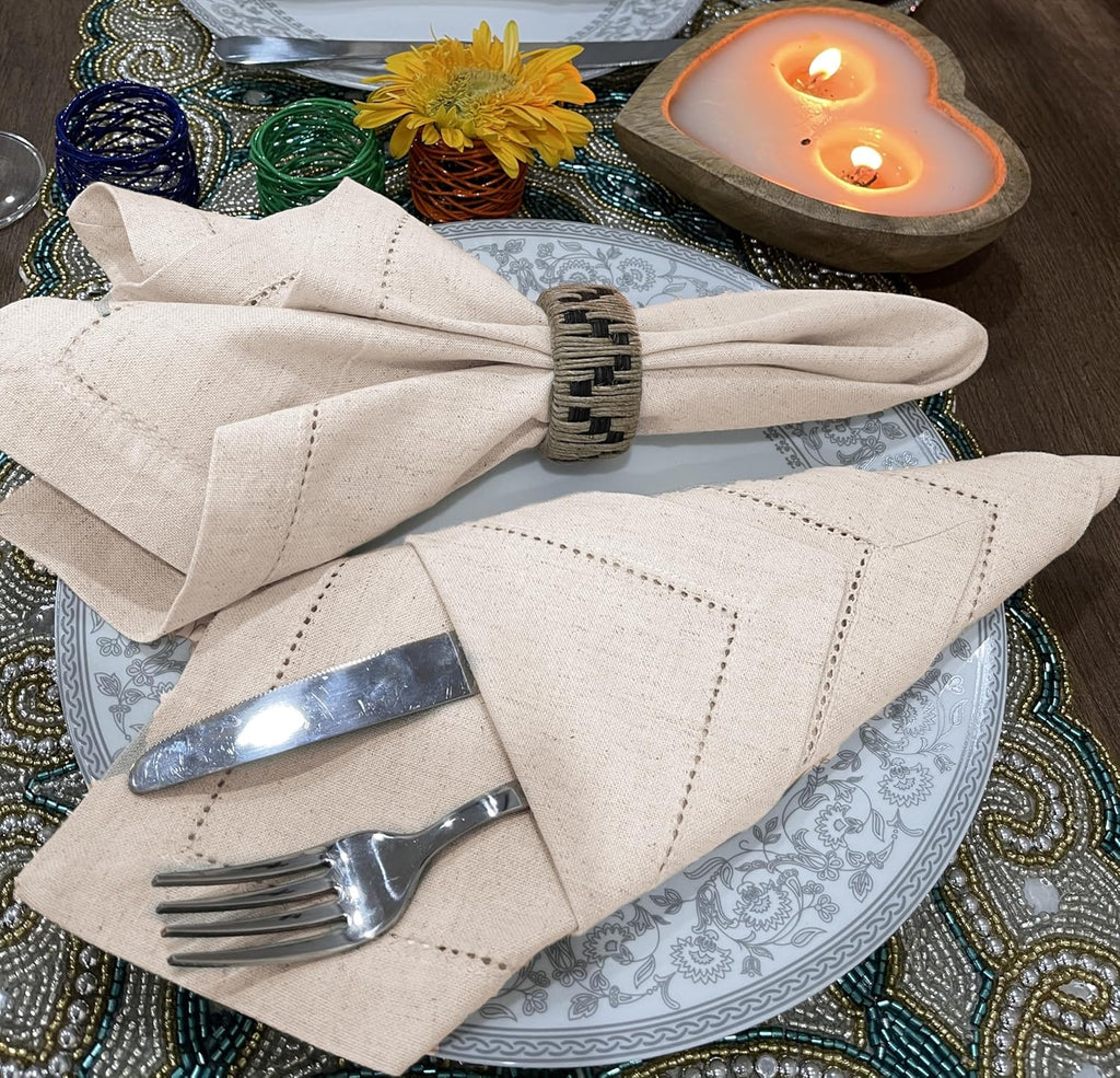 Linen Flax Cotton Cloth Dinner Napkins Set of 12 – 18X18 Natural Fabric with Hemstitched Mitered Corners – Machine Washable Wedding, Cocktail & Party Table Napkins