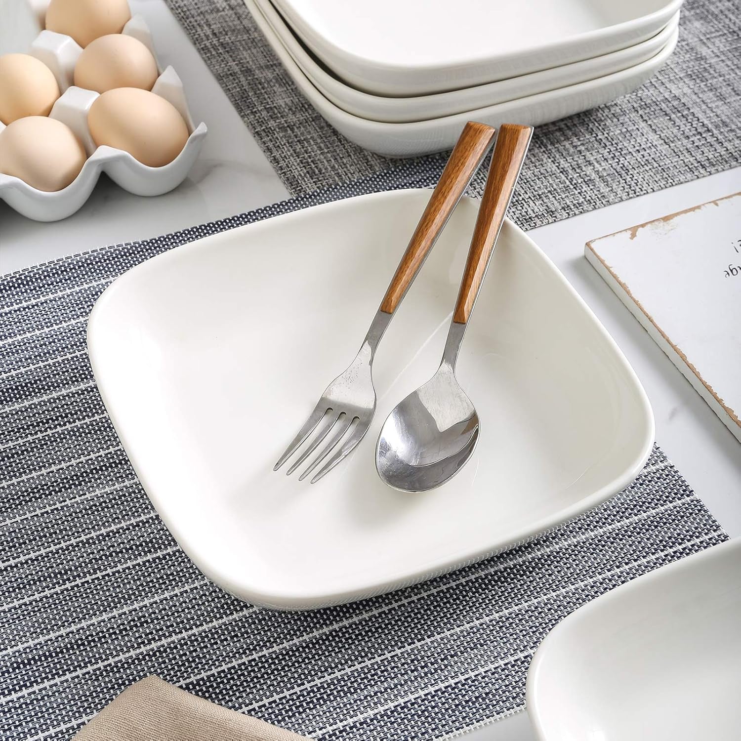 Porcelain 8-Inch Square Dinner Plates, Pasta Salad Bowls, Set of 6, White