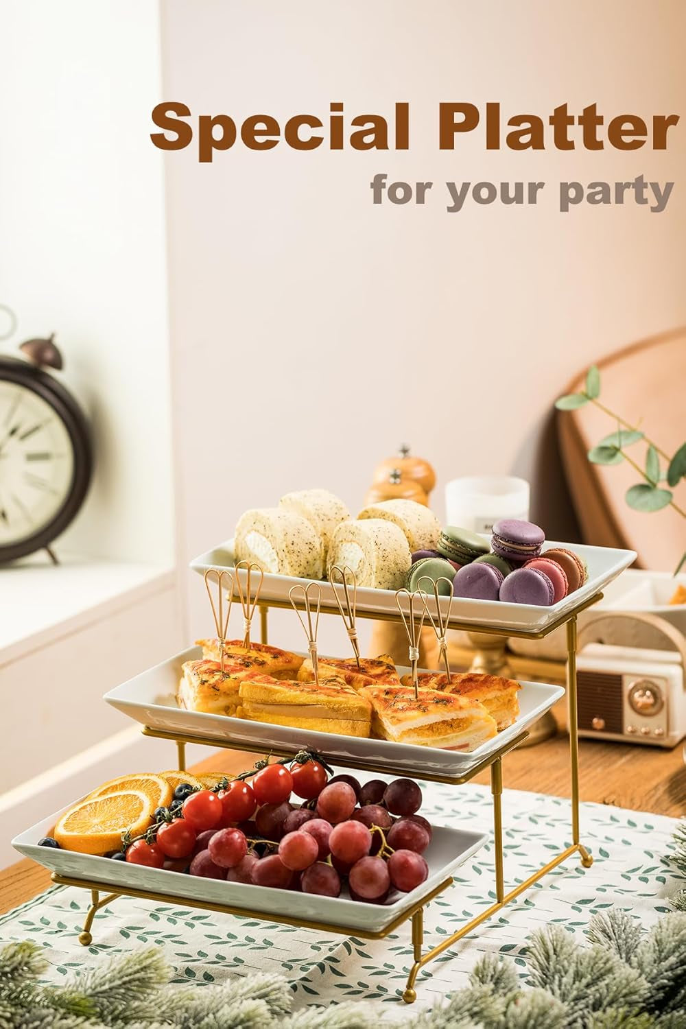 3 Tier Serving Stand Porcelain Serving Platter Tier Serving Trays with Collapsible Sturdier Rack, Serving Dishes and Platters for Thanksgiving, Christmas, Entertaining, Gold, 12 Inch