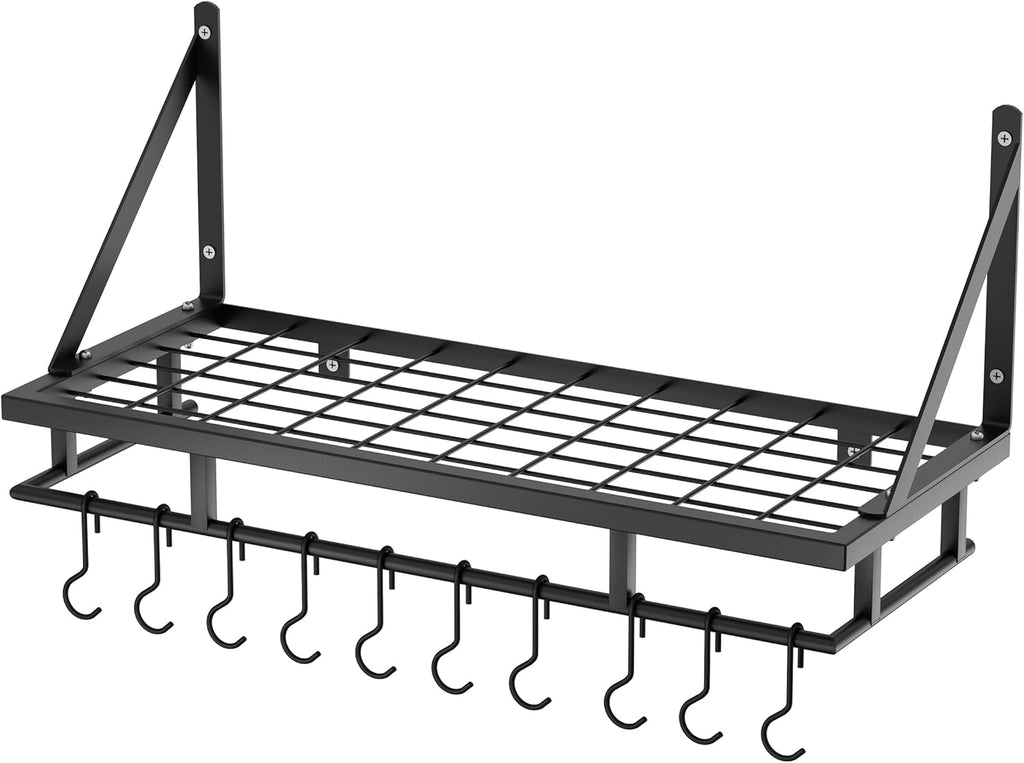 24 Inch Kitchen Pot Pan Rack Wall Mounted Hanging Storage Organizer Wall Shelf with Hooks Matte Black, KUR215S60-BK