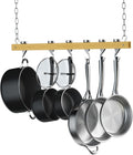 36 Inch Hanging Pot Rack, Ceiling-Mounted Wooden Rail System Pot Rack for Kitchen Pots and Pans Storage, with 6 Solid Cast Aluminum Swivel Hooks