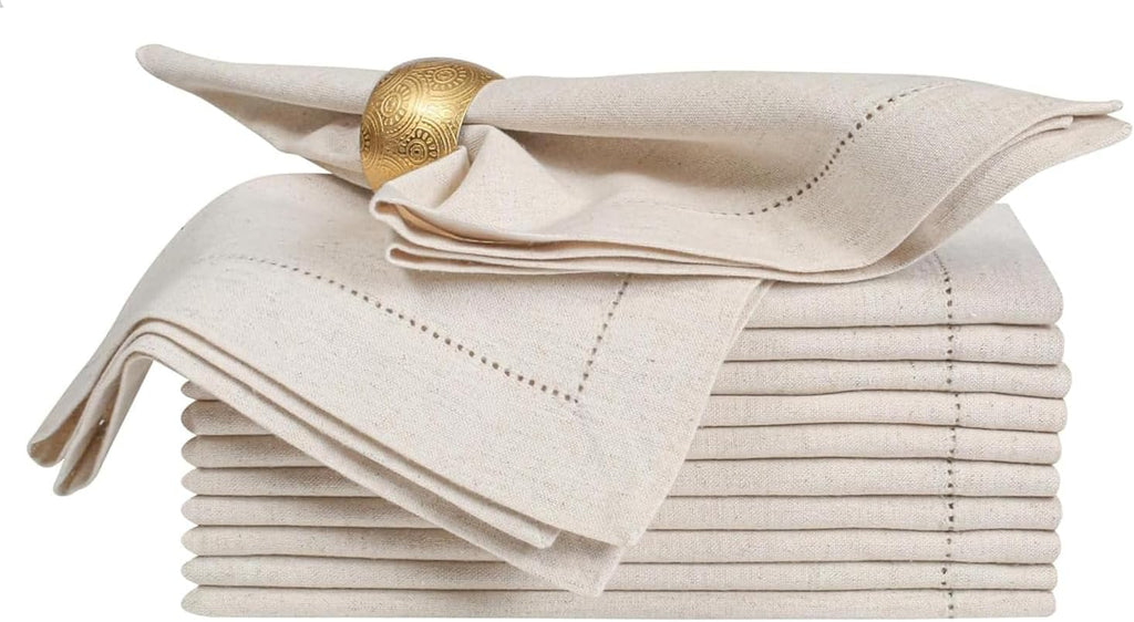 Linen Flax Cotton Cloth Dinner Napkins Set of 12 – 18X18 Natural Fabric with Hemstitched Mitered Corners – Machine Washable Wedding, Cocktail & Party Table Napkins