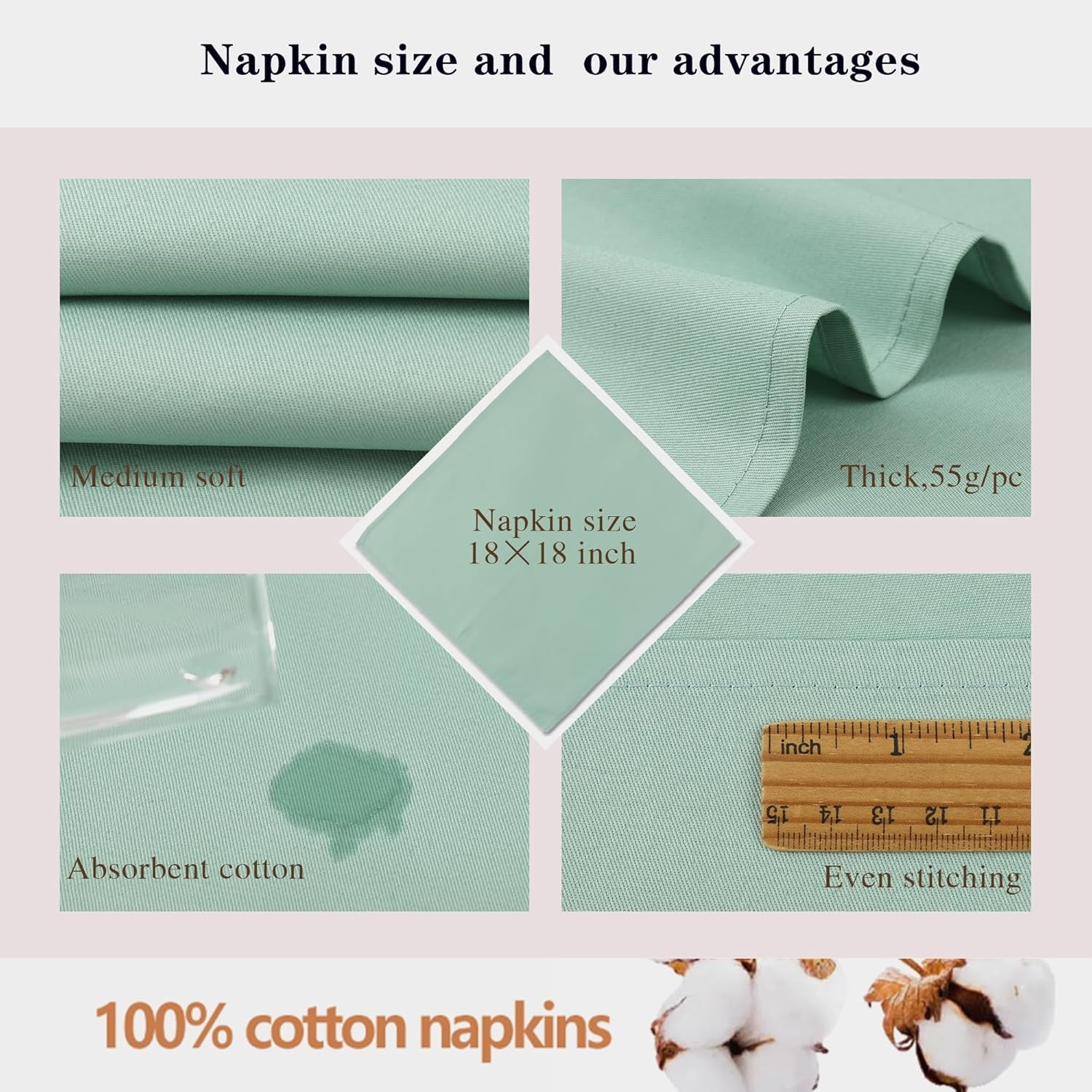 Seafoam Green Cloth Napkins Set of 12,18 X 18 Inch,100% Cotton Dinner Napkins,Mint Green Table Decor, Soft, Comfortable and Reusable.(Sage)