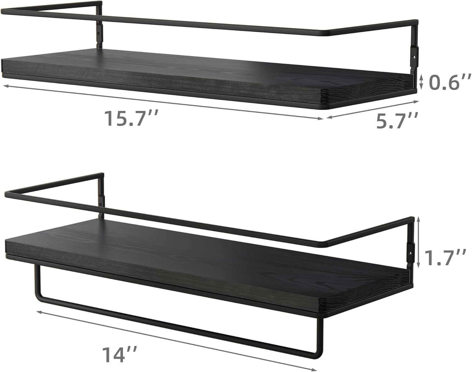 Floating Shelves for Wall Set of 2, Wall Mounted Storage Shelves with Black Metal Frame and Towel Rack for Bathroom, Bedroom, Living Room, Kitchen, Office (Black)
