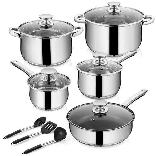 13-Piece Stainless Steel Cookware Set, Kitchen Pots and Pans Set with Glass Lid for Cooking, Induction & Dishwasher Safe, Silver