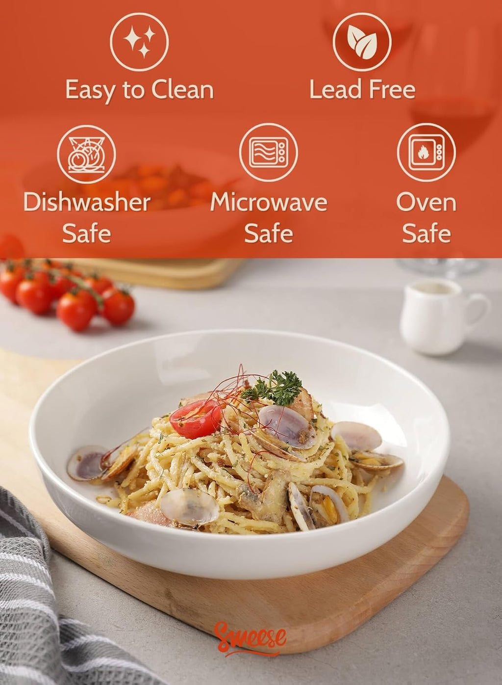 Large Salad Serving Bowls, 30 Ounce Porcelain White Pasta Plates Set of 6, 8.4 Inch Pasta Bowls for Dinner, Salad - Microwave Dishwasher