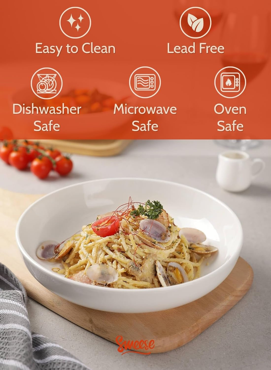 Large Salad Serving Bowls, 30 Ounce Porcelain White Pasta Plates Set of 6, 8.4 Inch Pasta Bowls for Dinner, Salad - Microwave Dishwasher