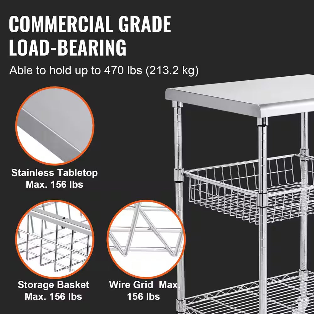 3-Tier Kitchen Cart, 470Lbs. Capacity, Wheels, Curved Handle, PP Liner and 6 Hooks
