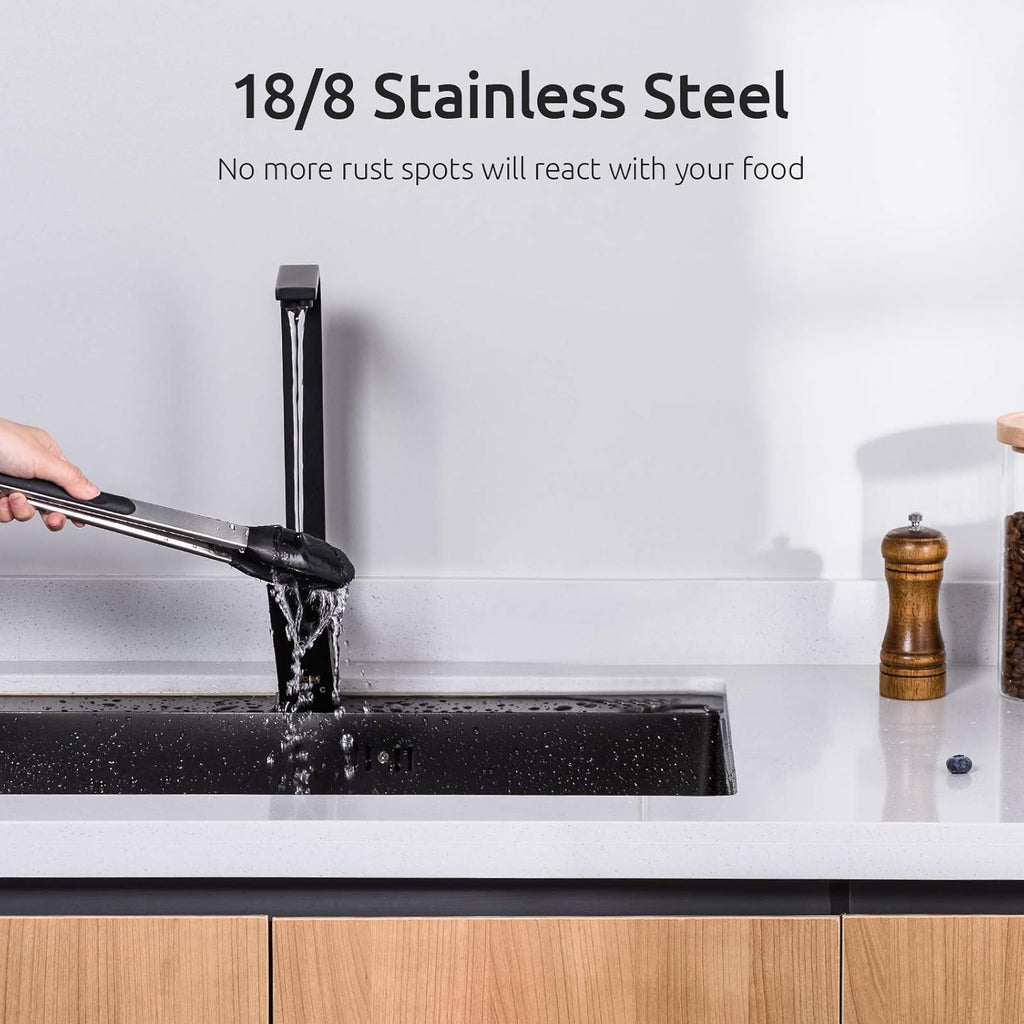 Kitchen Tongs,  7/9/12 Inches Cooking Tongs, with 600ºf High Heat-Resistant Non-Stick Silicone Tips, 18/8 Stainless Steel Handle, for Food Grill, Salad, BBQ, Frying, Serving, Pack of 3(Black)