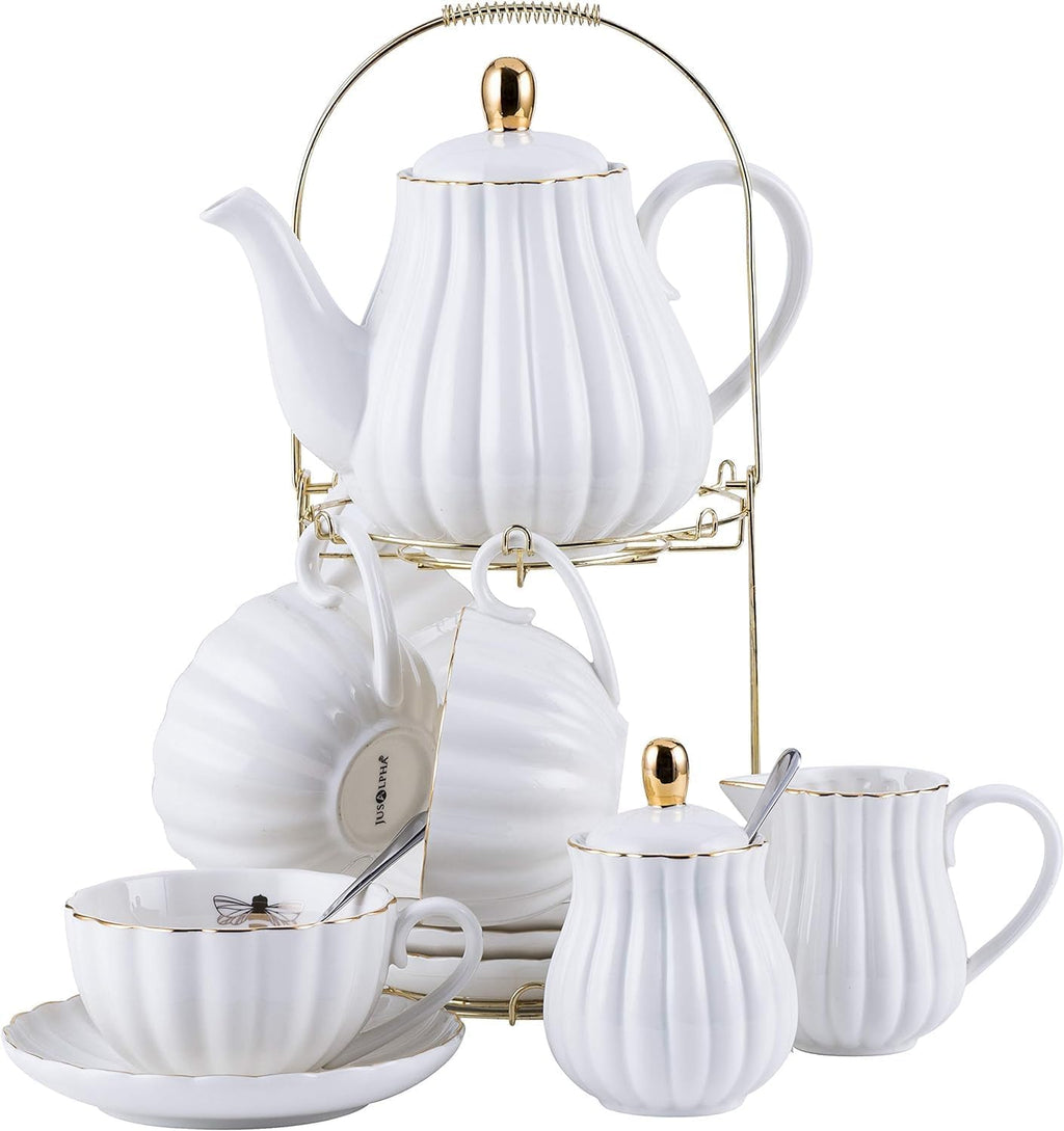 Porcelain Tea Set- 8 OZ White Coffee Cup/Teacup, Saucer, Spoons, Teapot and Creamer Set, 17-Pieces (FD-TW17PC SET, White)
