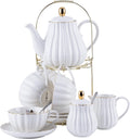 Porcelain Tea Set- 8 OZ White Coffee Cup/Teacup, Saucer, Spoons, Teapot and Creamer Set, 17-Pieces (FD-TW17PC SET, White)