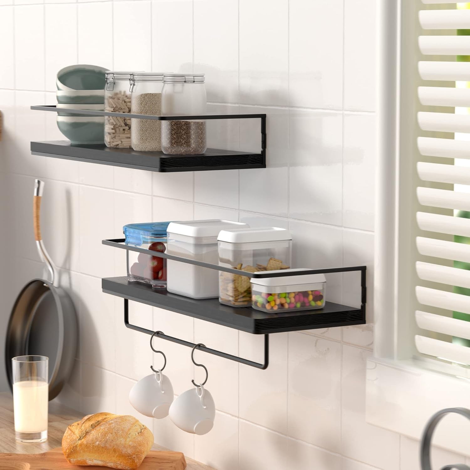 Floating Shelves for Wall Set of 2, Wall Mounted Storage Shelves with Black Metal Frame and Towel Rack for Bathroom, Bedroom, Living Room, Kitchen, Office (Black)