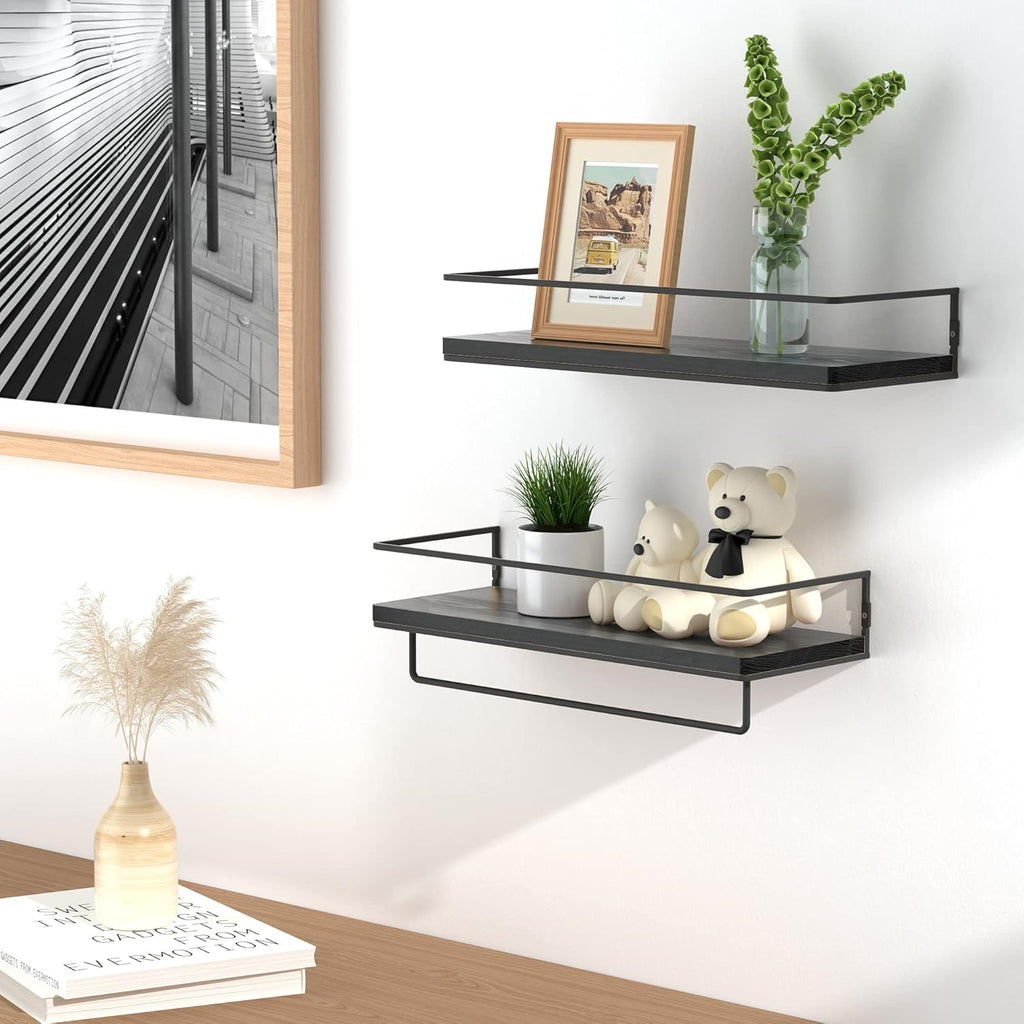 Floating Shelves for Wall Set of 2, Wall Mounted Storage Shelves with Black Metal Frame and Towel Rack for Bathroom, Bedroom, Living Room, Kitchen, Office (Black)