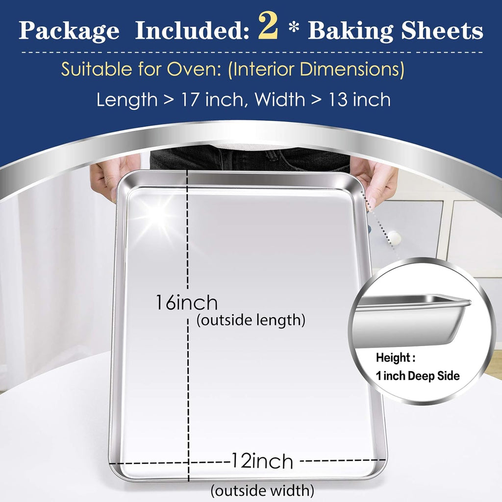 16 Inch Baking Cookie Sheet, Oven Pan Tray Stainless Steel Sheet Pan for Kitchen, Oven Bakeware for Multi Uses, Shiny Look & Dishwasher Safe, Healthy & Heavy Duty, 2Pcs