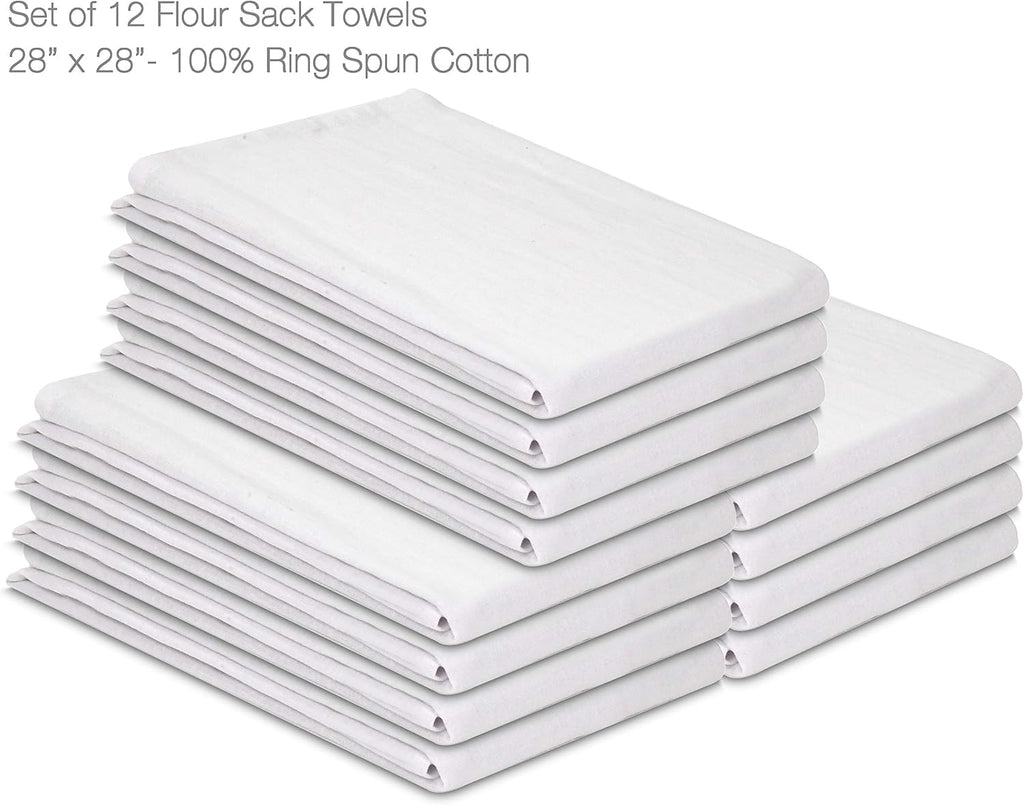 Flour Sack Towels – White Kitchen Dish Towels – 12 Pack – 28 X 28 Inches – Soft Absorbent Tea Towel – 100% Cotton Ring Spun Bar Towels – Lint Free