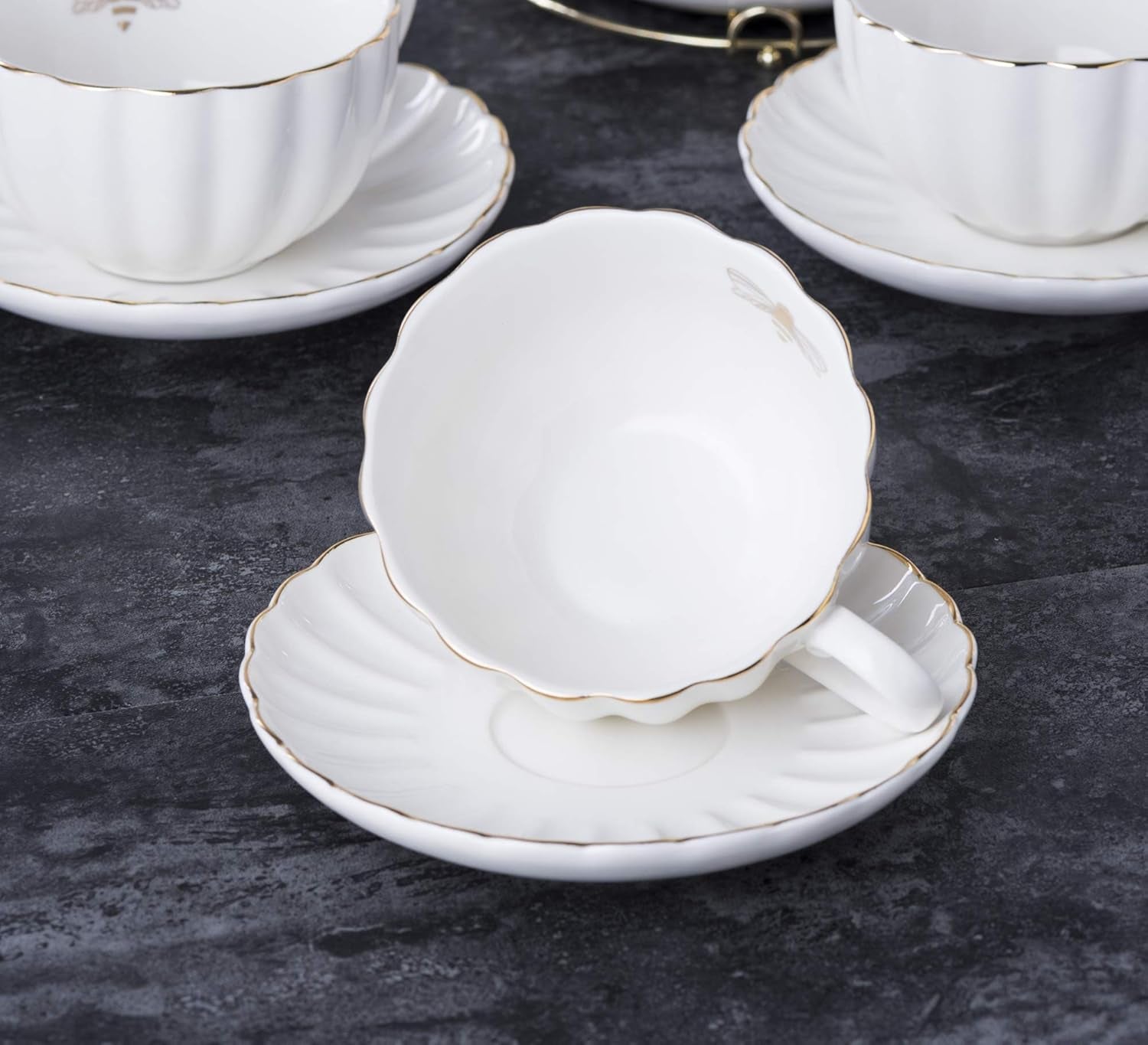 Porcelain Tea Set- 8 OZ White Coffee Cup/Teacup, Saucer, Spoons, Teapot and Creamer Set, 17-Pieces (FD-TW17PC SET, White)