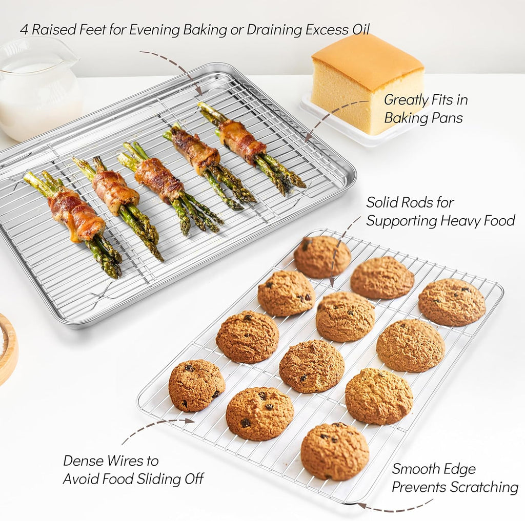Baking Sheet with Rack Set (2 Pans + 2 Racks), Stainless Steel Baking Pan Cookie Sheet for Baking, Non Toxic & Healthy, Easy Clean & Dishwasher Safe - 4 Pack