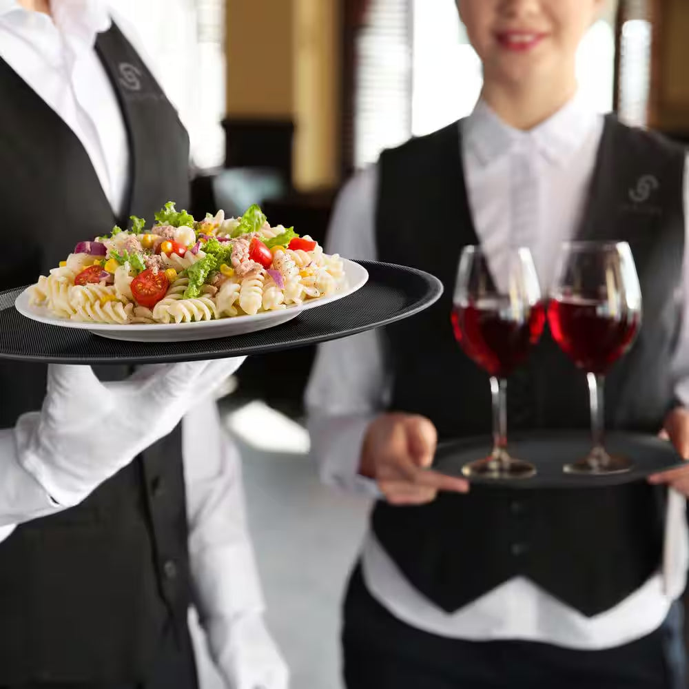 14 In. X .75 In. round Plastic Non-Slip Serving Trays, Black-Nsf Food Service (Set of 4)