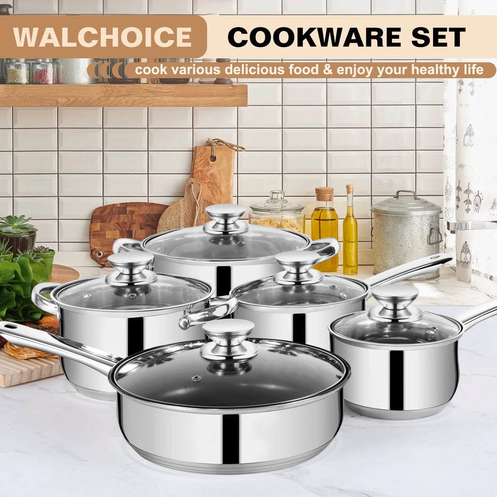 13-Piece Stainless Steel Cookware Set, Kitchen Pots and Pans Set with Glass Lid for Cooking, Induction & Dishwasher Safe, Silver