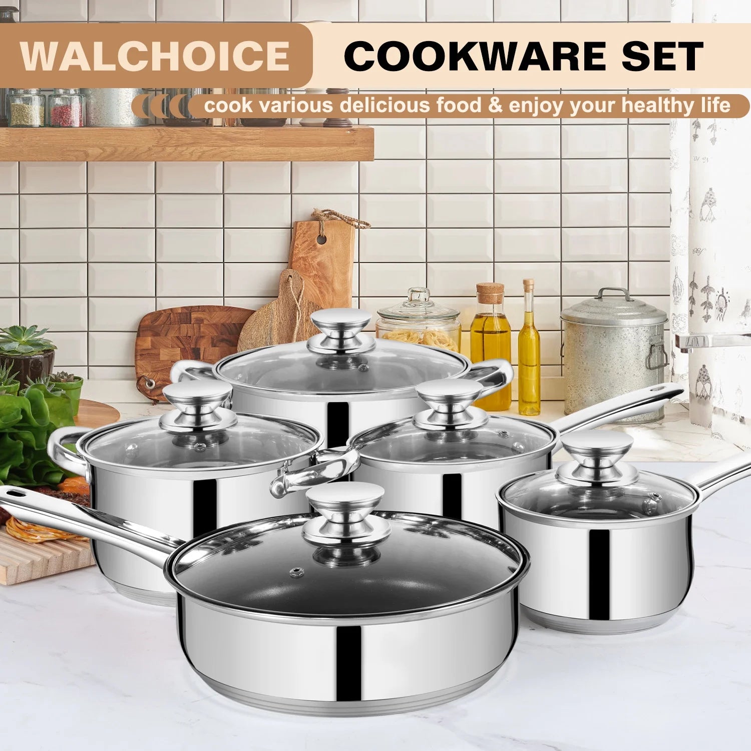13-Piece Stainless Steel Cookware Set, Kitchen Pots and Pans Set with Glass Lid for Cooking, Induction & Dishwasher Safe, Silver
