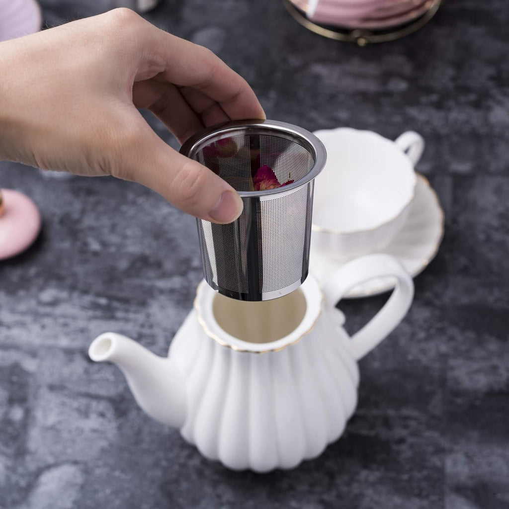 Porcelain Tea Set- 8 OZ White Coffee Cup/Teacup, Saucer, Spoons, Teapot and Creamer Set, 17-Pieces (FD-TW17PC SET, White)