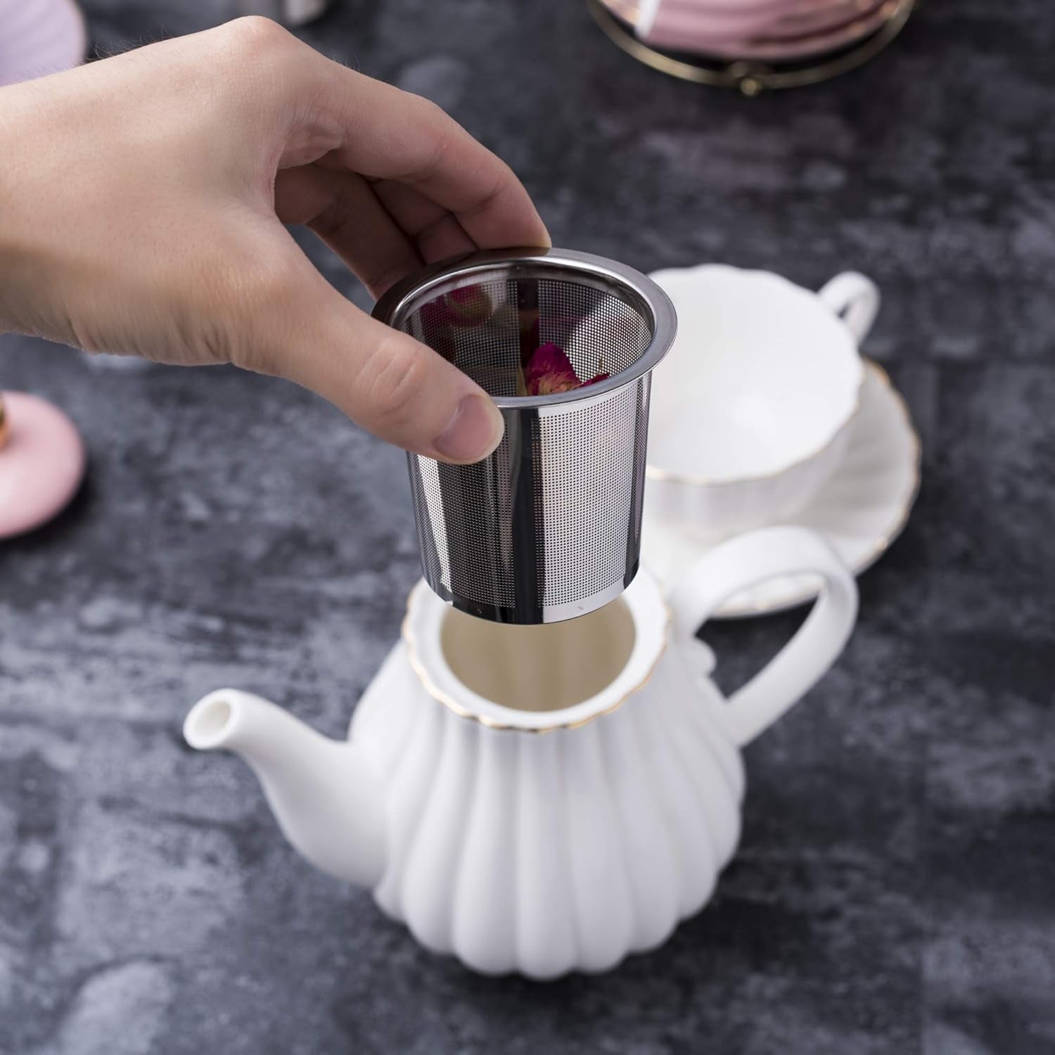 Porcelain Tea Set- 8 OZ White Coffee Cup/Teacup, Saucer, Spoons, Teapot and Creamer Set, 17-Pieces (FD-TW17PC SET, White)