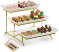 3 Tier Serving Stand Porcelain Serving Platter Tier Serving Trays with Collapsible Sturdier Rack, Serving Dishes and Platters for Thanksgiving, Christmas, Entertaining, Gold, 12 Inch