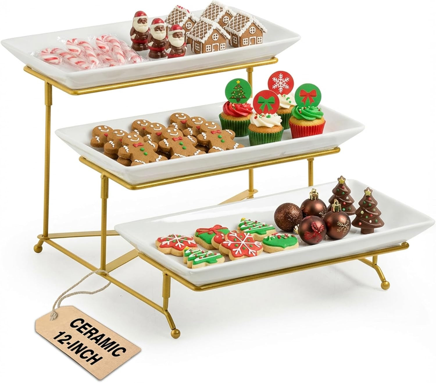 3 Tier Serving Stand Porcelain Serving Platter Tier Serving Trays with Collapsible Sturdier Rack, Serving Dishes and Platters for Thanksgiving, Christmas, Entertaining, Gold, 12 Inch