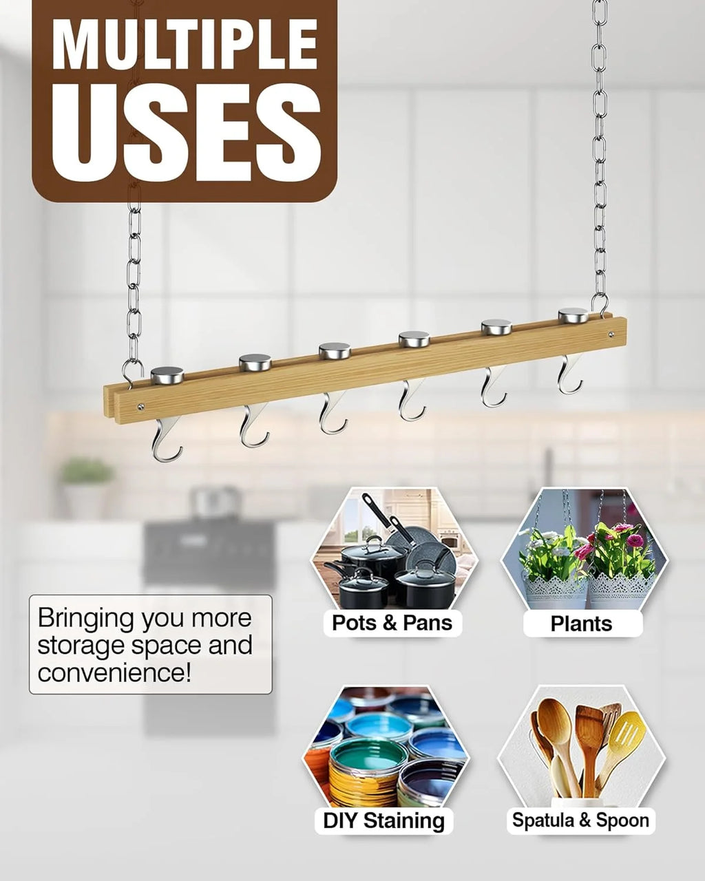 36 Inch Hanging Pot Rack, Ceiling-Mounted Wooden Rail System Pot Rack for Kitchen Pots and Pans Storage, with 6 Solid Cast Aluminum Swivel Hooks