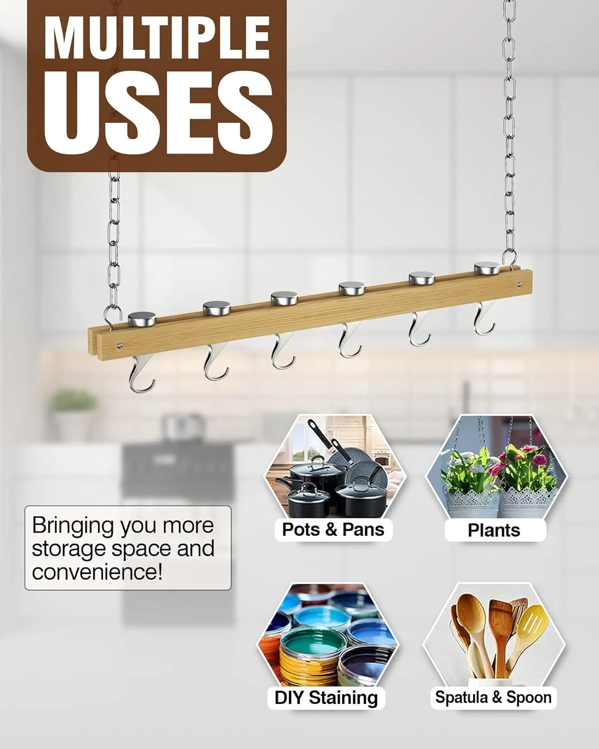 36 Inch Hanging Pot Rack, Ceiling-Mounted Wooden Rail System Pot Rack for Kitchen Pots and Pans Storage, with 6 Solid Cast Aluminum Swivel Hooks