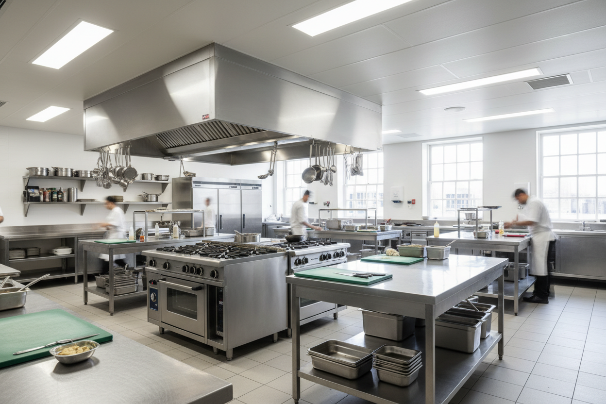 restaurant kitchen in a well lit room